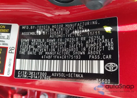 2012 Toyota Camry Le from USA, damaged, VIN 4T4BF1FK4CR175193